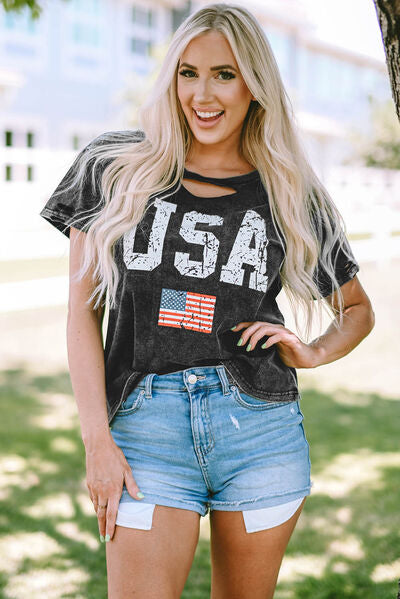 USA Cutout Vintage Black Ladies T-Shirt - Follower Of Faith Apparel