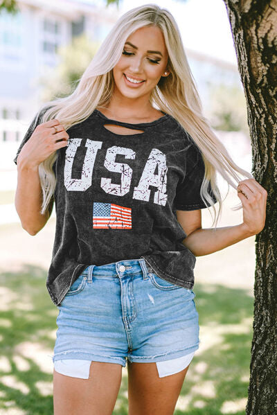 USA Cutout Vintage Black Ladies T-Shirt - Follower Of Faith Apparel