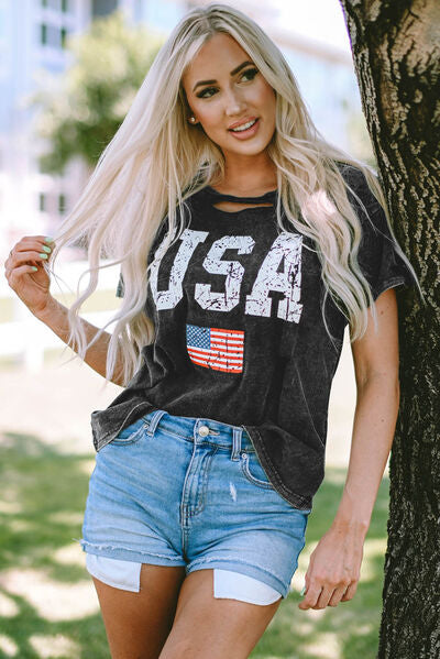 USA Cutout Vintage Black Ladies T-Shirt - Follower Of Faith Apparel