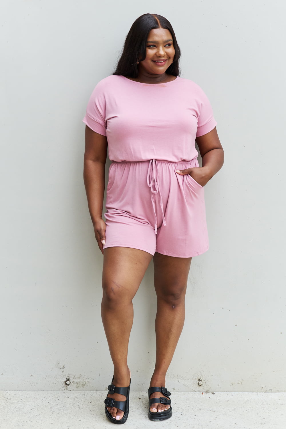 Zenana Chilled Out Romper in Light Carnation Pink - Premium Ladies Rompers -  Follower Of Faith Apparel Chic romper, Cozy rompers, Fast delivery, fast shipping, Ladies Romper, new arrival, new arrivals, Plain romper, Romper pink, Rompers, Sale, Ship from USA, Short sleeve romper, womens apparel, Womens romper, Women’s romper, Zenana Shop our Christian T-Shirts & Apparel