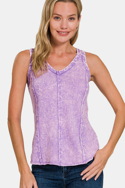 Zenana Exposed Seam V-Neck Wide Strap Tank - Premium Ladies Tank Top -  Follower Of Faith Apparel Cropped tank top, Fast delivery, fast shipping, ladies vintage tank top, lavender, new, new arrival, new arrivals, purple, Ship from USA, Vintage cami, Vintage crop tank top, Vintage tank, Vintage tank top, Vintage wash, Vintage wash tank top, Zenana Shop our Christian T-Shirts & Apparel